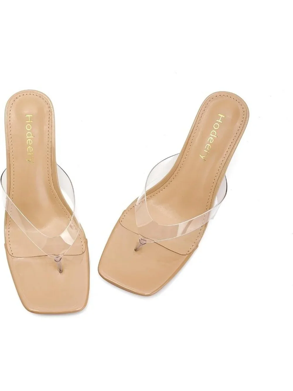 Women‘s Nude Faux Leather Clear Strap Comfortable Low Heels Flip Flop Sandals